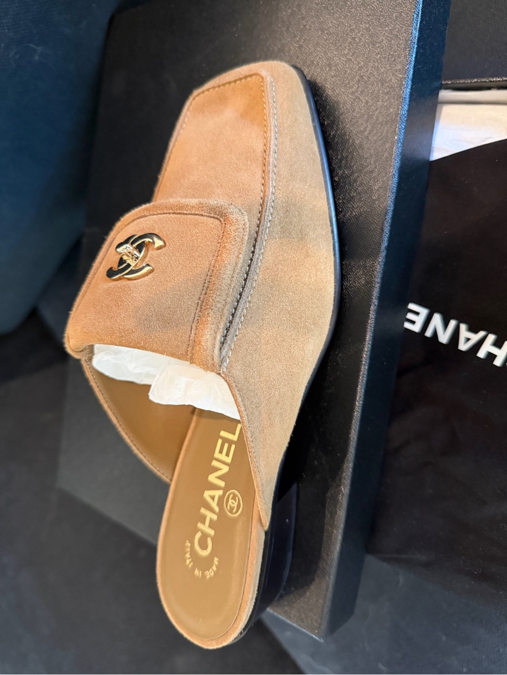 CHANEL Tan Suede Women’s Slip-On Loafer with Gold CC - Picture 2 of 3